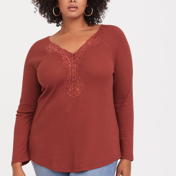 NWT Torrid Waffle Knit Lace Trim Henley - Picture 1 of 6